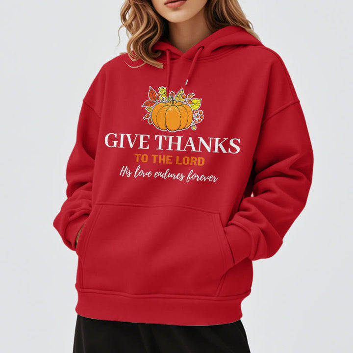 Christianartworkshop Moderner Stil „Give Thanks to the Lord“ – Kürbis-Kapuzenpullover aus Polyester mit Fleecefutter
