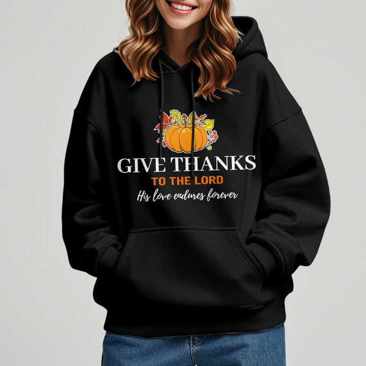 Christianartworkshop Moderner Stil „Give Thanks to the Lord“ – Kürbis-Kapuzenpullover aus Polyester mit Fleecefutter