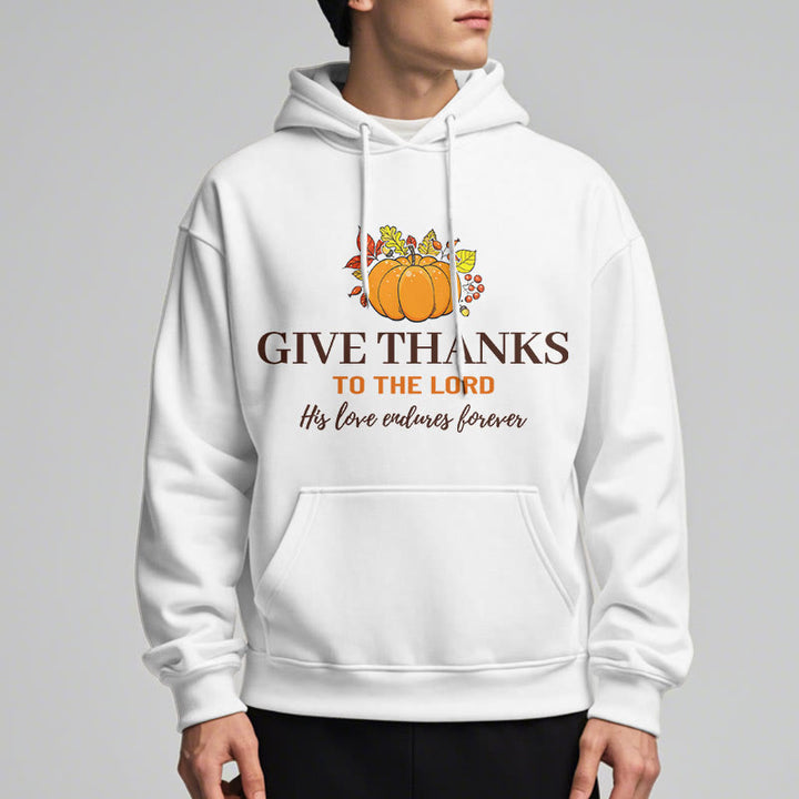 Christianartworkshop Moderner Stil „Give Thanks to the Lord“ – Kürbis-Kapuzenpullover aus Polyester mit Fleecefutter