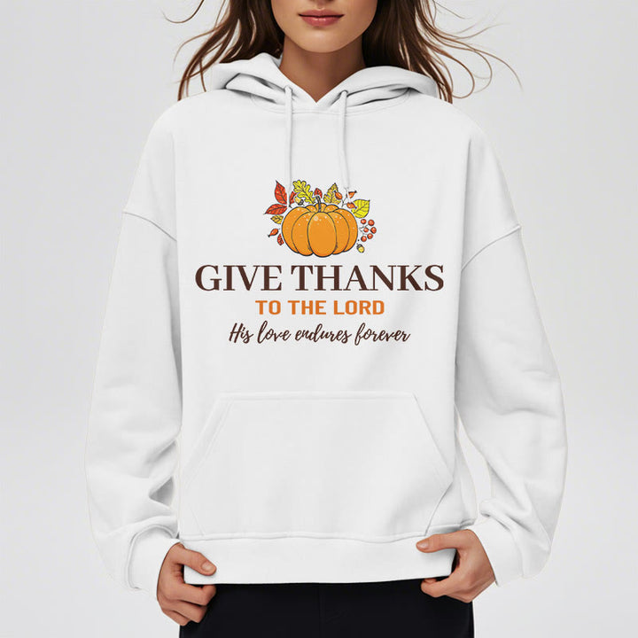 Christianartworkshop Moderner Stil „Give Thanks to the Lord“ – Kürbis-Kapuzenpullover aus Polyester mit Fleecefutter