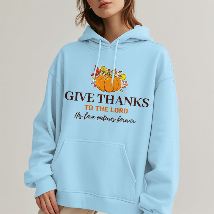 Christianartworkshop Moderner Stil „Give Thanks to the Lord“ – Kürbis-Kapuzenpullover aus Polyester mit Fleecefutter