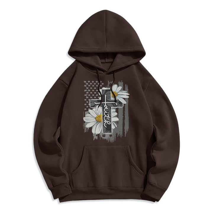 Christianartworkshop Moderner Kapuzenpullover aus Polyester mit Glaubenskreuz und Gänseblümchen, mit Fleecefutter
