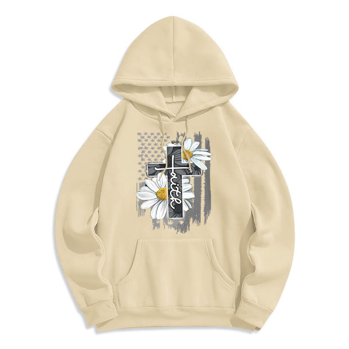 Christianartworkshop Moderner Kapuzenpullover aus Polyester mit Glaubenskreuz und Gänseblümchen, mit Fleecefutter - Beige - 2XL - image 10
