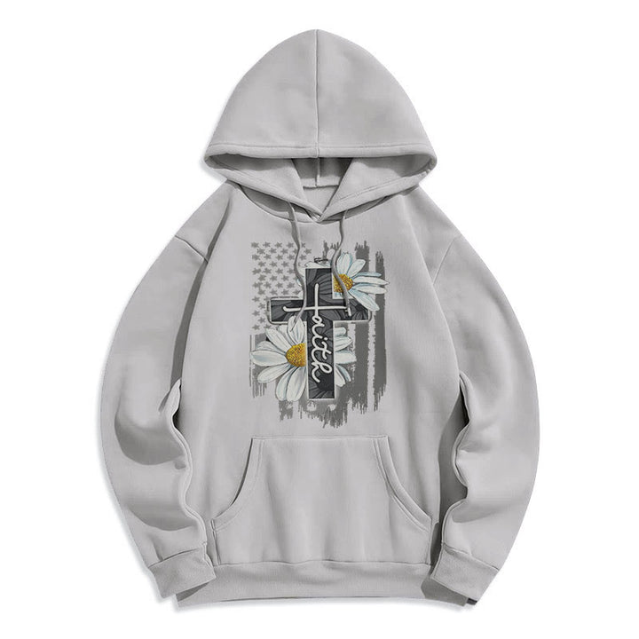 Christianartworkshop Moderner Kapuzenpullover aus Polyester mit Glaubenskreuz und Gänseblümchen, mit Fleecefutter