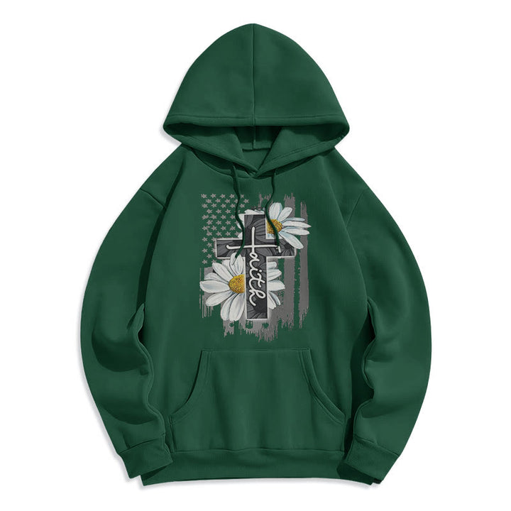 Christianartworkshop Moderner Kapuzenpullover aus Polyester mit Glaubenskreuz und Gänseblümchen, mit Fleecefutter