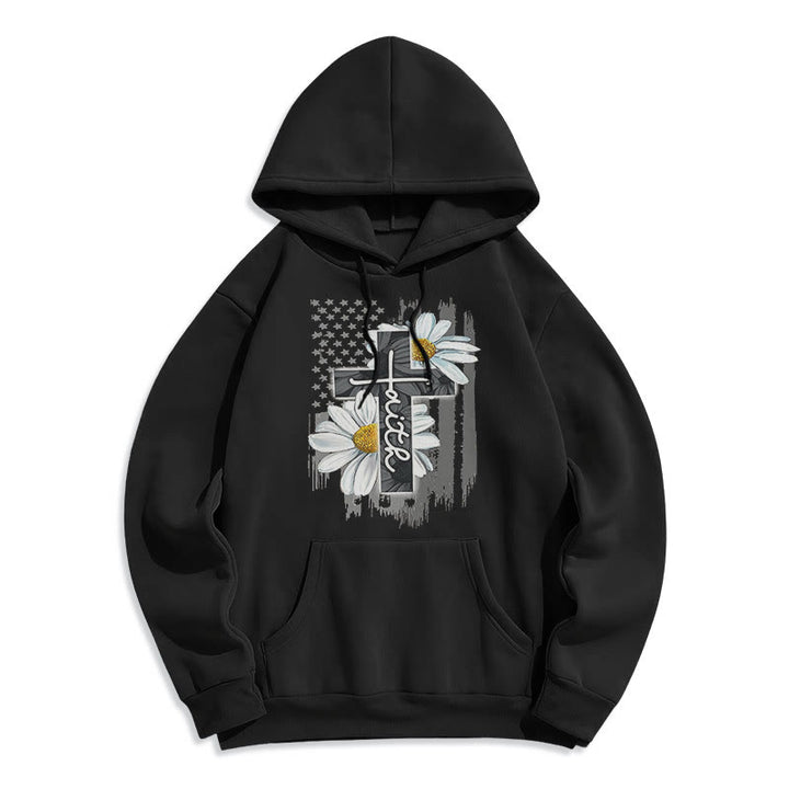 Christianartworkshop Moderner Kapuzenpullover aus Polyester mit Glaubenskreuz und Gänseblümchen, mit Fleecefutter