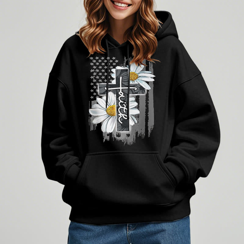 Christianartworkshop Moderner Kapuzenpullover aus Polyester mit Glaubenskreuz und Gänseblümchen, mit Fleecefutter