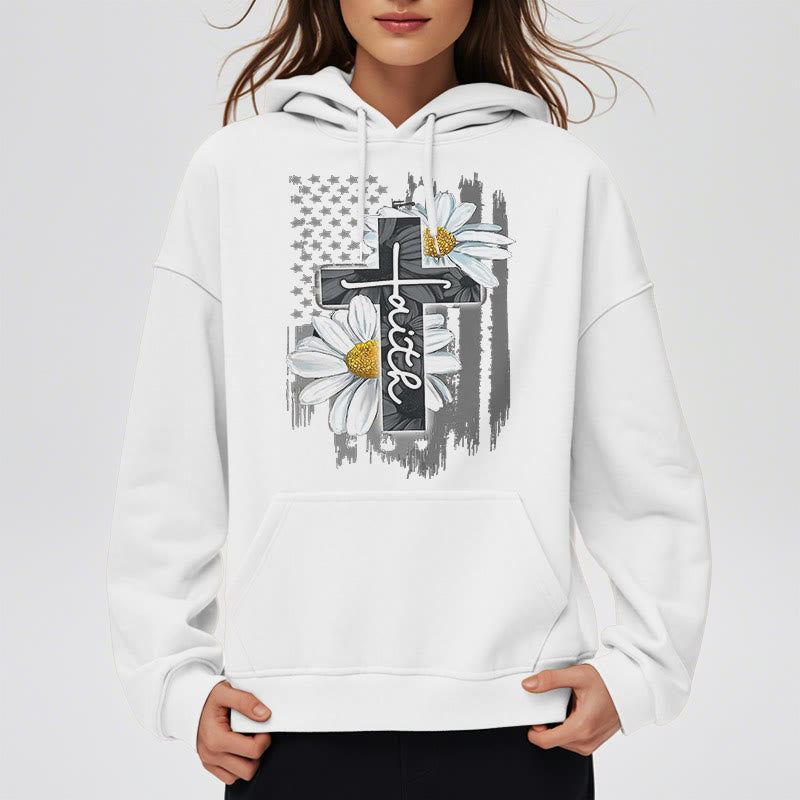 Christianartworkshop Moderner Kapuzenpullover aus Polyester mit Glaubenskreuz und Gänseblümchen, mit Fleecefutter