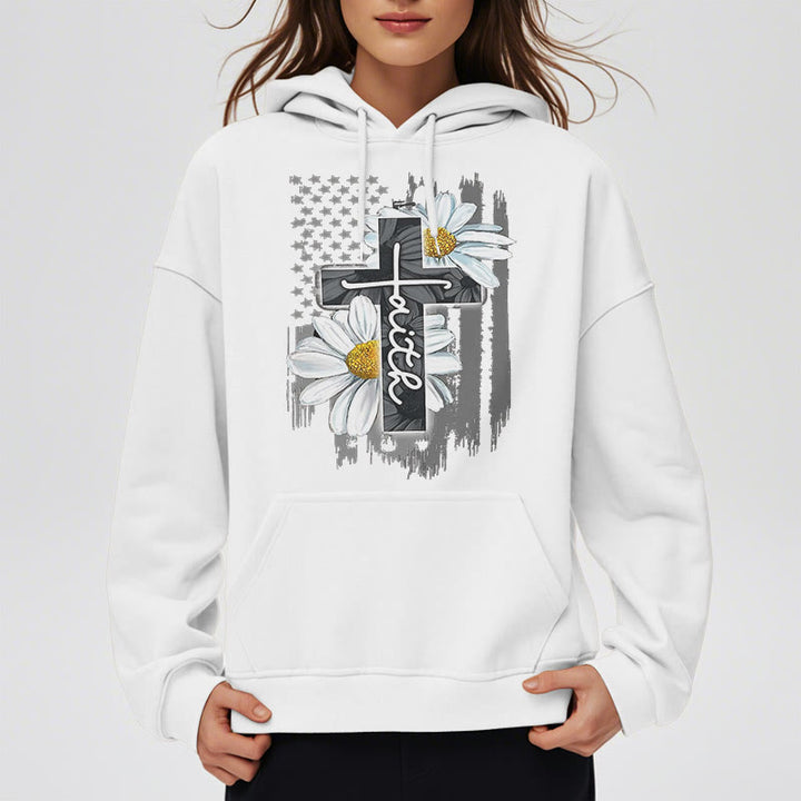 Christianartworkshop Moderner Kapuzenpullover aus Polyester mit Glaubenskreuz und Gänseblümchen, mit Fleecefutter