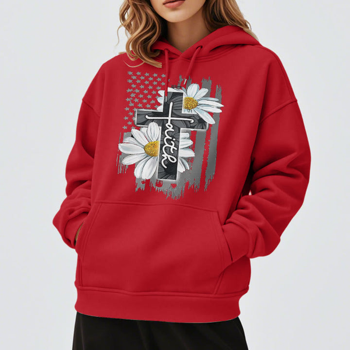 Christianartworkshop Moderner Kapuzenpullover aus Polyester mit Glaubenskreuz und Gänseblümchen, mit Fleecefutter