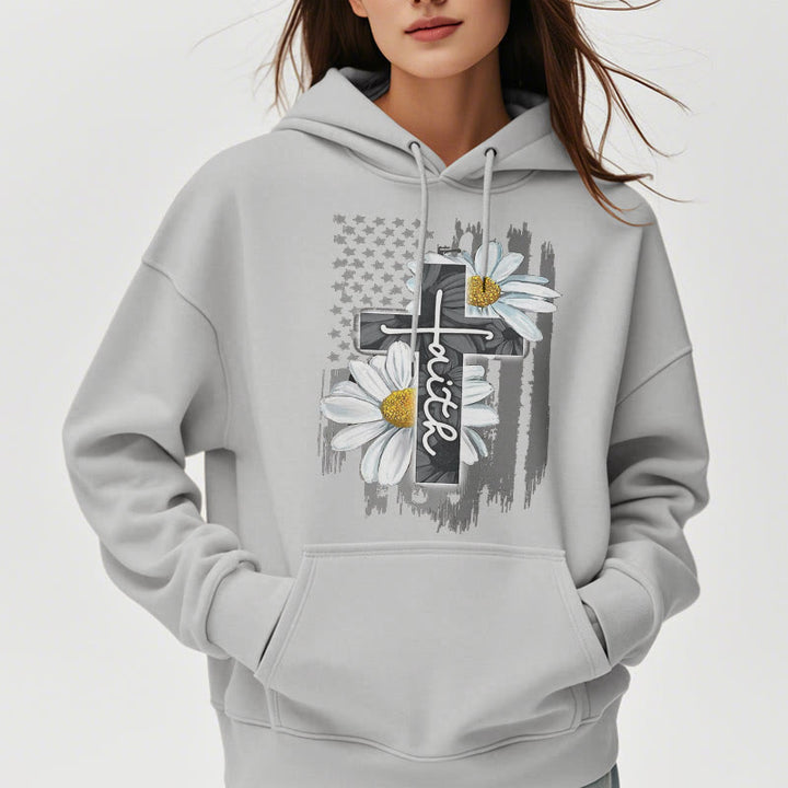 Christianartworkshop Moderner Kapuzenpullover aus Polyester mit Glaubenskreuz und Gänseblümchen, mit Fleecefutter