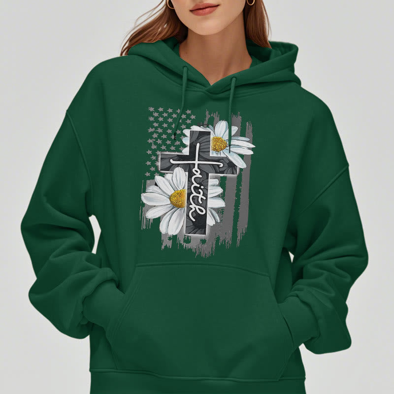 Christianartworkshop Moderner Kapuzenpullover aus Polyester mit Glaubenskreuz und Gänseblümchen, mit Fleecefutter