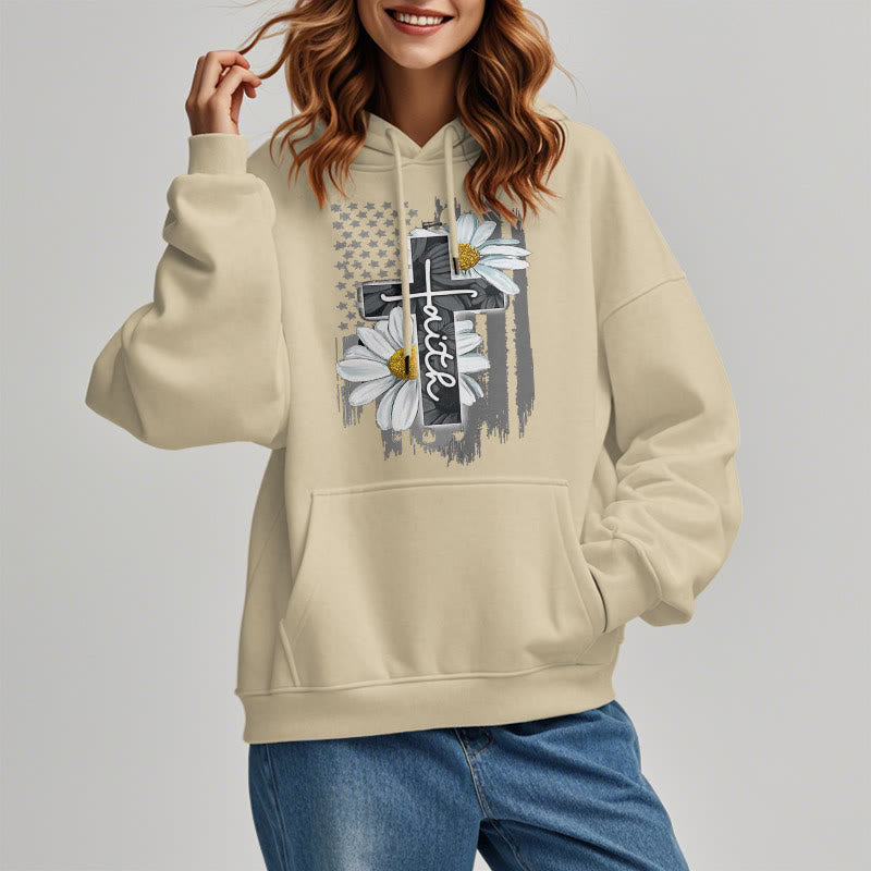 Christianartworkshop Moderner Kapuzenpullover aus Polyester mit Glaubenskreuz und Gänseblümchen, mit Fleecefutter