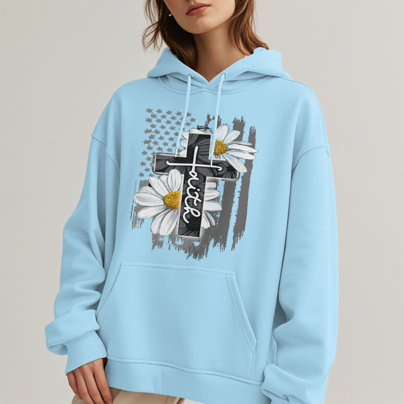 Christianartworkshop Moderner Kapuzenpullover aus Polyester mit Glaubenskreuz und Gänseblümchen, mit Fleecefutter