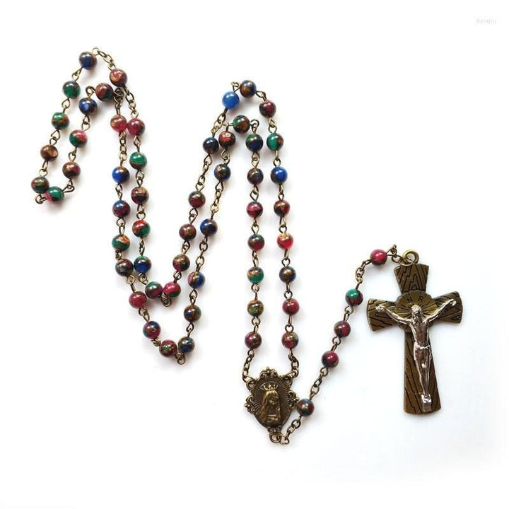 Christianartworkshop Rosenkranzkette mit Jungfrau Maria und Kruzifix, 6 mm rund, mehrfarbige Steinlegierung