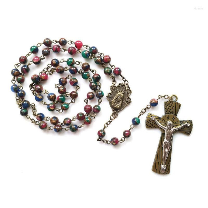 Christianartworkshop Rosenkranzkette mit Jungfrau Maria und Kruzifix, 6 mm rund, mehrfarbige Steinlegierung