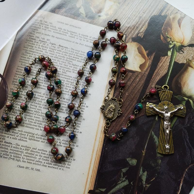 Christianartworkshop Rosenkranzkette mit Jungfrau Maria und Kruzifix, 6 mm rund, mehrfarbige Steinlegierung