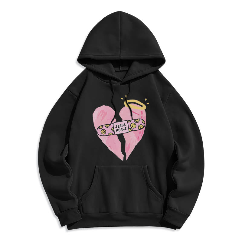 Christianartworkshop Farbiger Stil Jesus heilt gebrochenes Herz Fleece-gefütterter Polyester-Kapuzenpullover - Schwarz - 2XL - image 5