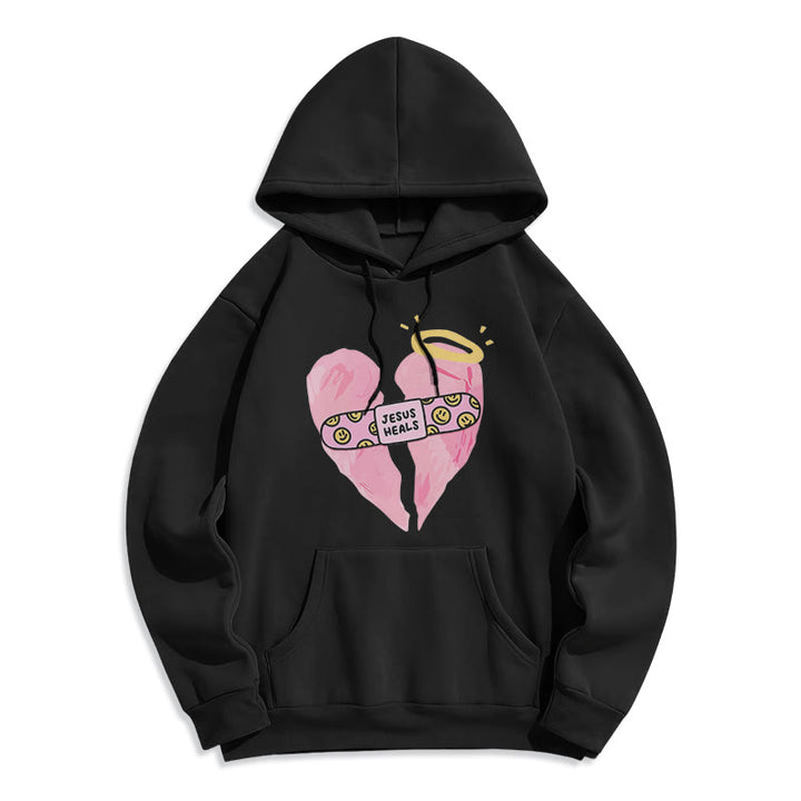 Christianartworkshop Farbiger Stil Jesus heilt gebrochenes Herz Fleece-gefütterter Polyester-Kapuzenpullover - Schwarz - 2XL - image 5