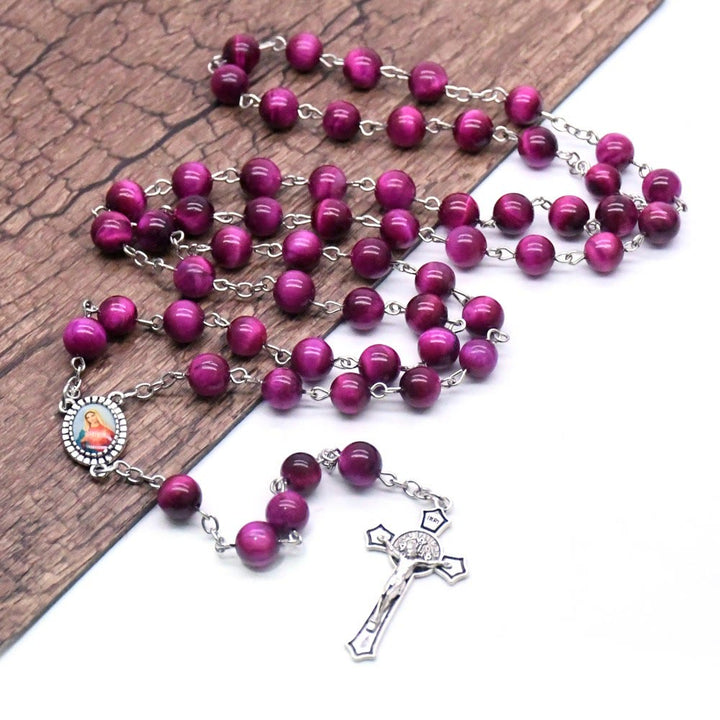 Christianartworkshop Rosenkranzkette mit Marienkreuz und 8 mm rundem violettem Stein aus Legierung