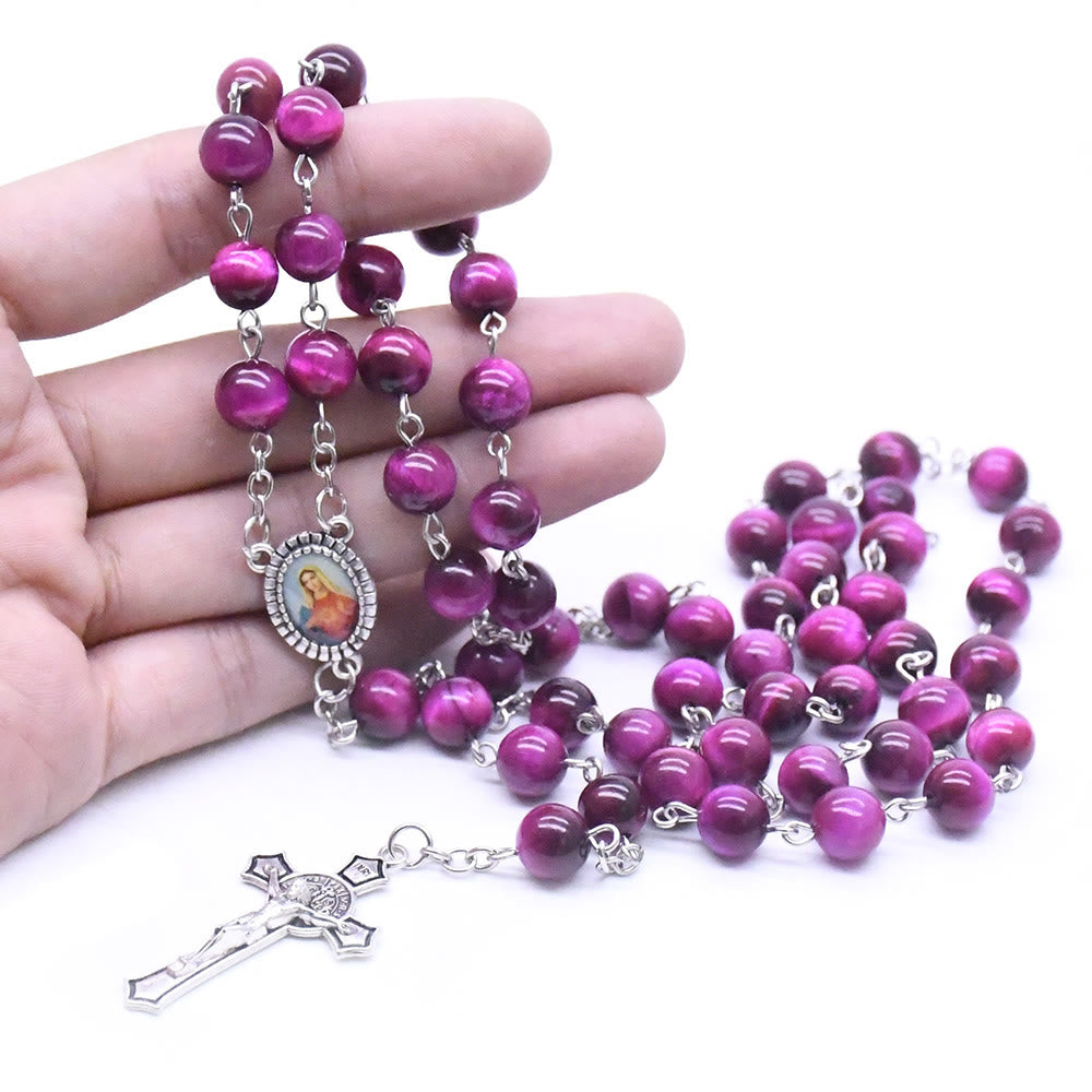 Christianartworkshop Rosenkranzkette mit Marienkreuz und 8 mm rundem violettem Stein aus Legierung