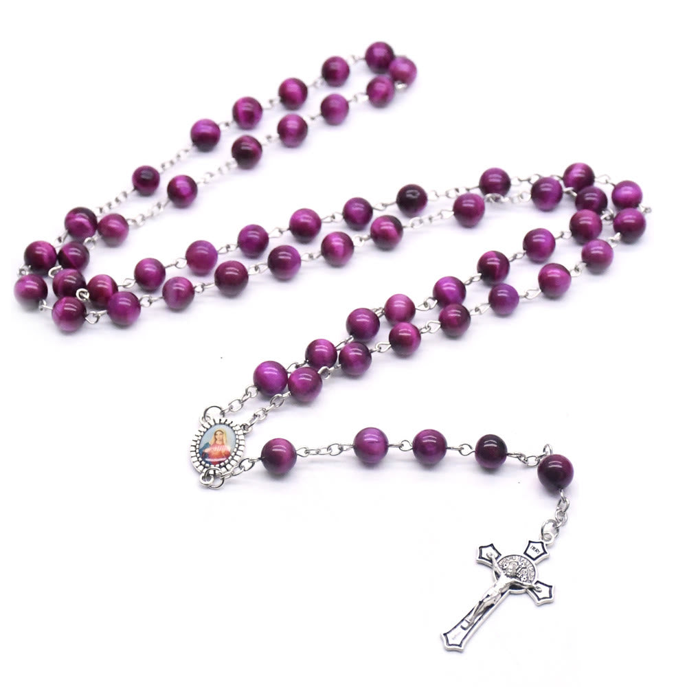 Christianartworkshop Rosenkranzkette mit Marienkreuz und 8 mm rundem violettem Stein aus Legierung