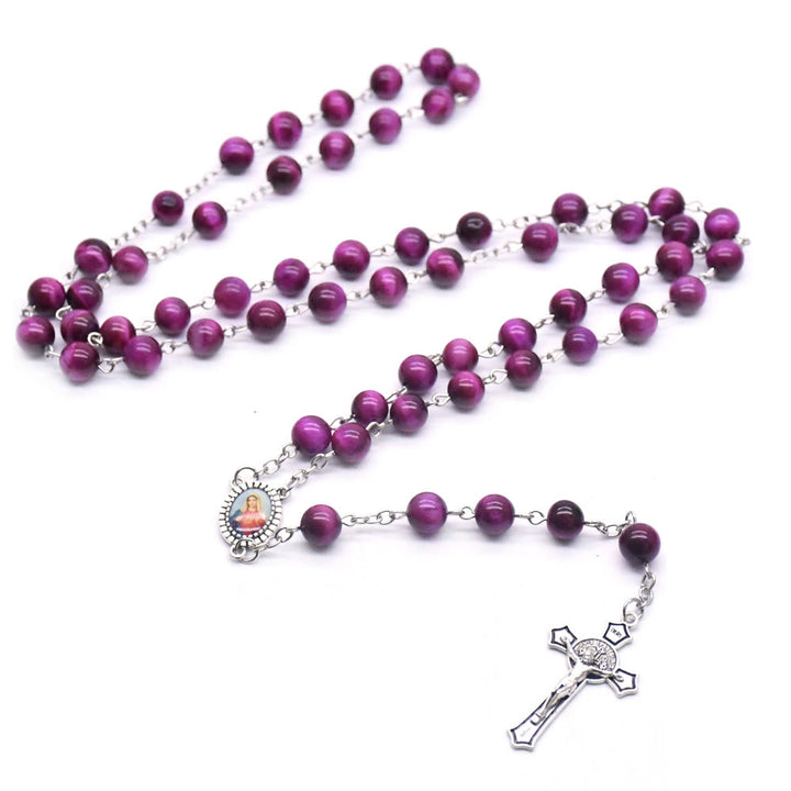 Christianartworkshop Rosenkranzkette mit Marienkreuz und 8 mm rundem violettem Stein aus Legierung