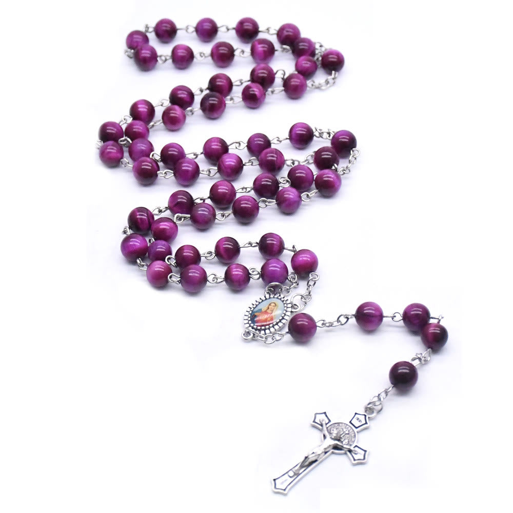 Christianartworkshop Rosenkranzkette mit Marienkreuz und 8 mm rundem violettem Stein aus Legierung
