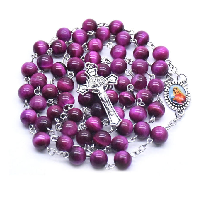 Christianartworkshop Rosenkranzkette mit Marienkreuz und 8 mm rundem violettem Stein aus Legierung