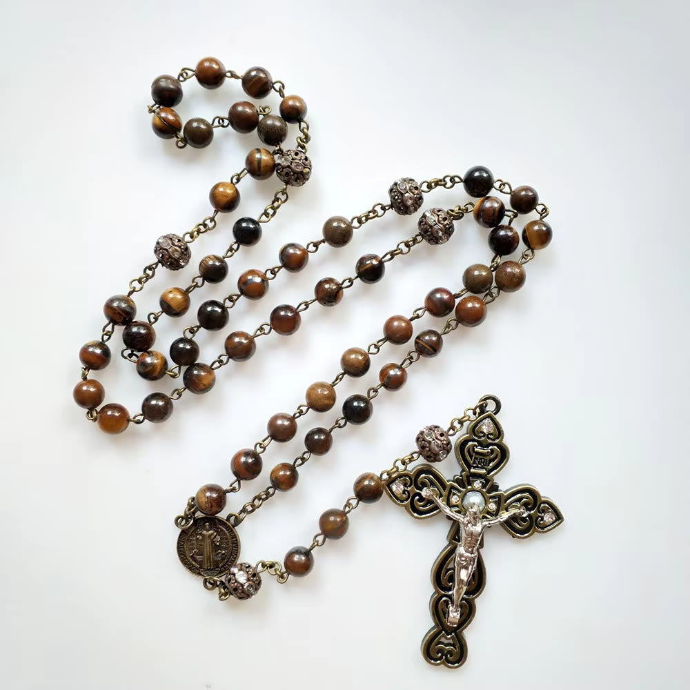 Christianartworkshop Rosenkranzkette mit St. Benedikt und Kruzifix aus 8 mm rundem braunem Stein, Legierung