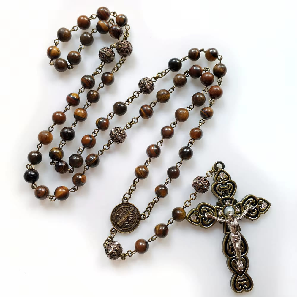 Christianartworkshop Rosenkranzkette mit St. Benedikt und Kruzifix aus 8 mm rundem braunem Stein, Legierung