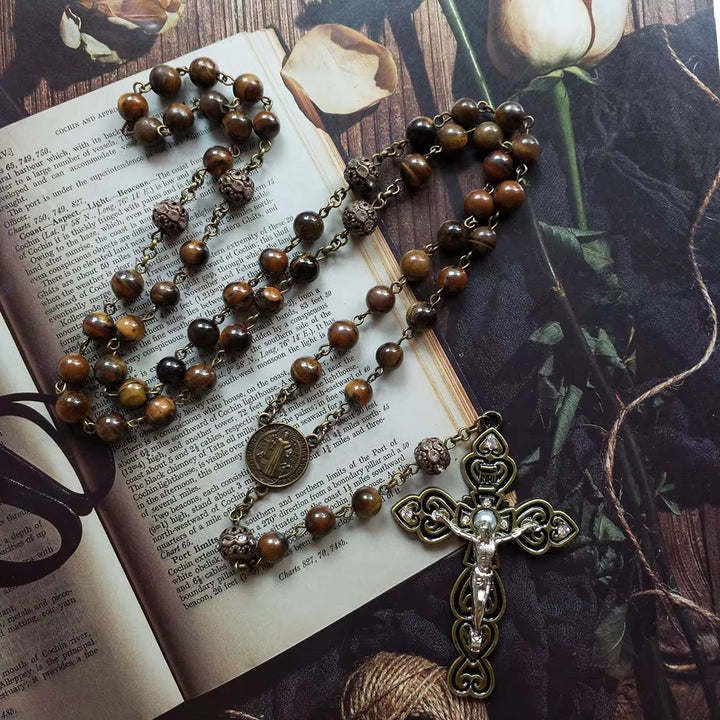 Christianartworkshop Rosenkranzkette mit St. Benedikt und Kruzifix aus 8 mm rundem braunem Stein, Legierung
