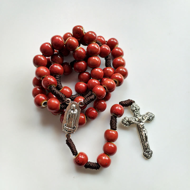 Christianartworkshop Rosenkranz „Unsere Liebe Frau von Guadalupe“ mit Kruzifix, rund, 10 mm, rote Keramik-Nylonschnur