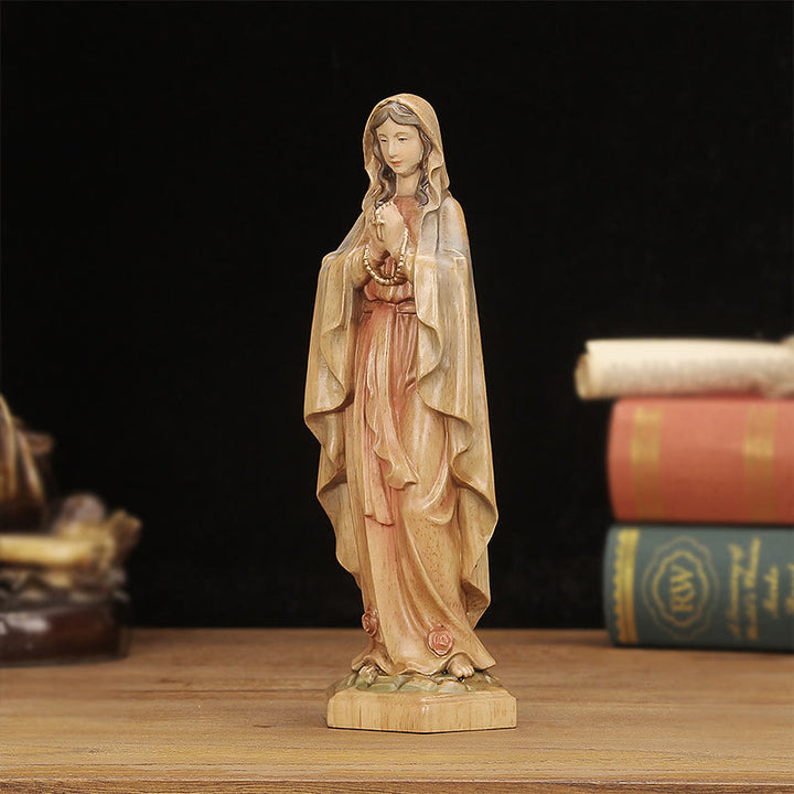 Christianartworkshop Im klassischen Stil gefertigte Jungfrau Maria mit Rosenkranz, Holz-Desktop-Dekoration