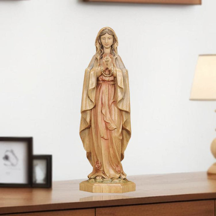 Christianartworkshop Im klassischen Stil gefertigte Jungfrau Maria mit Rosenkranz, Holz-Desktop-Dekoration