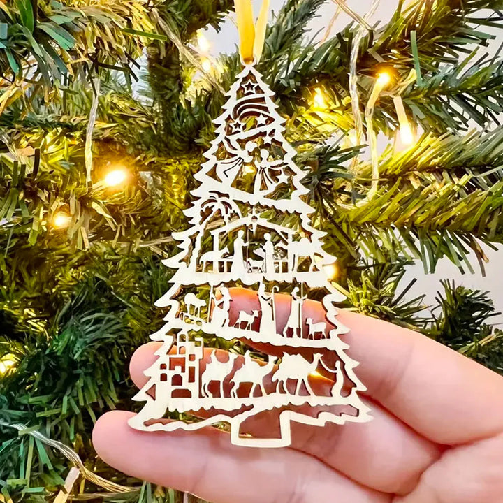 Christianartworkshop Weihnachtskrippe im klassischen Stil, baumförmige Weihnachtskrippe aus Holz zum Aufhängen - Weihnachtskrippe - image 0