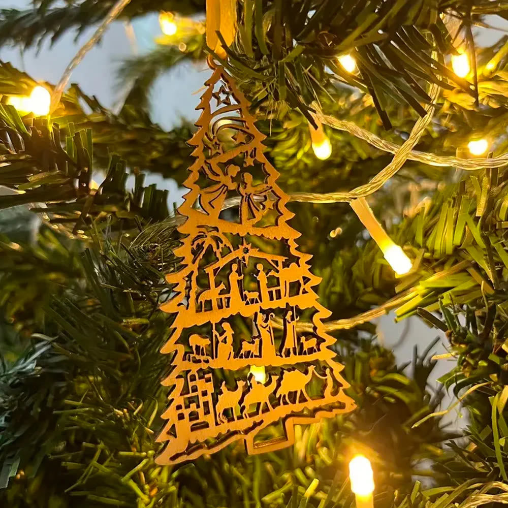 Christianartworkshop Weihnachtskrippe im klassischen Stil, baumförmige Weihnachtskrippe aus Holz zum Aufhängen - image 1