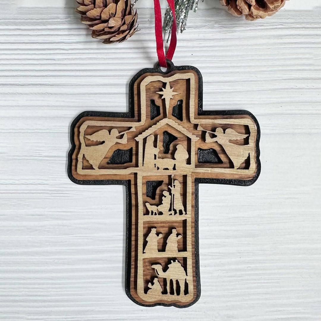 Christianartworkshop Weihnachtskrippe im klassischen Stil mit Kreuz, Engel, Lamm, Weihnachtskrippe, Hängeornamente - Weihnachtskrippe - image 0