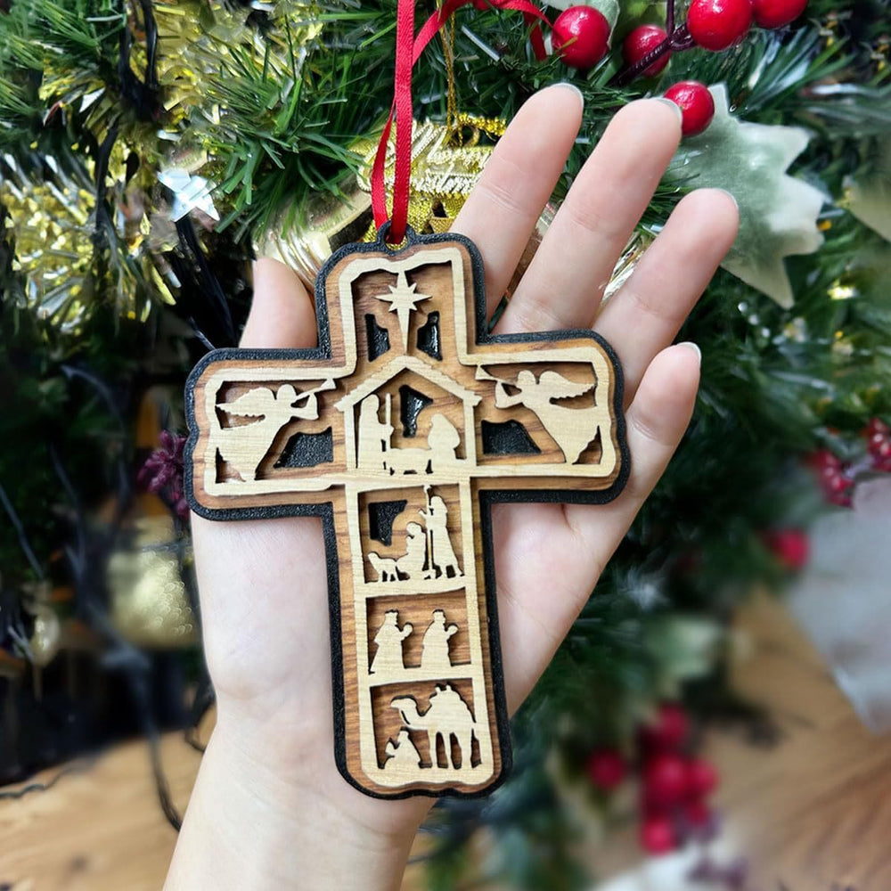 Christianartworkshop Weihnachtskrippe im klassischen Stil mit Kreuz, Engel, Lamm, Weihnachtskrippe, Hängeornamente - image 1