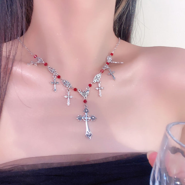 Christianartworkshop Halskette mit scharlachroten Perlen im modernen Stil, Kreuz des göttlichen Glaubens