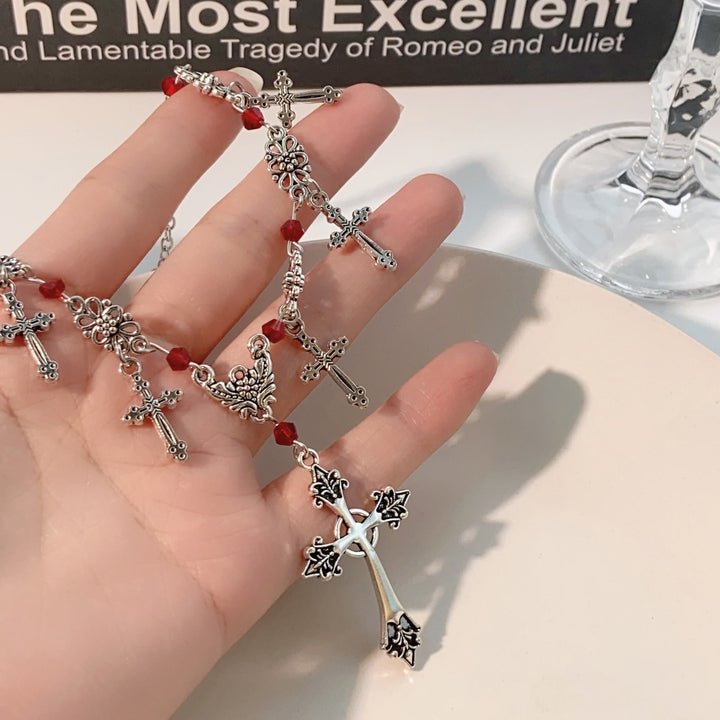 Christianartworkshop Halskette mit scharlachroten Perlen im modernen Stil, Kreuz des göttlichen Glaubens