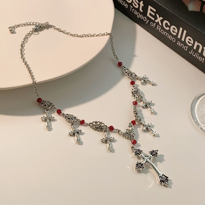 Christianartworkshop Halskette mit scharlachroten Perlen im modernen Stil, Kreuz des göttlichen Glaubens