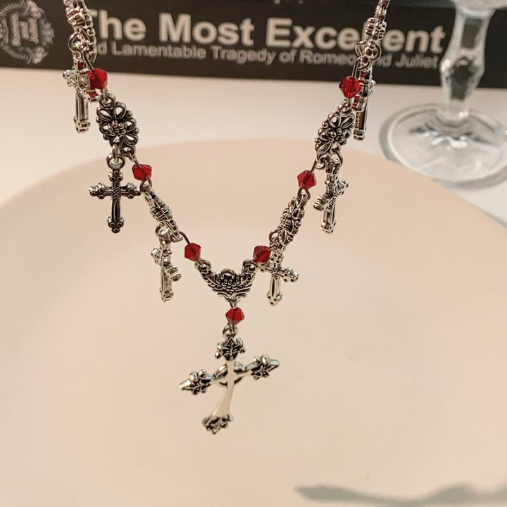 Christianartworkshop Halskette mit scharlachroten Perlen im modernen Stil, Kreuz des göttlichen Glaubens