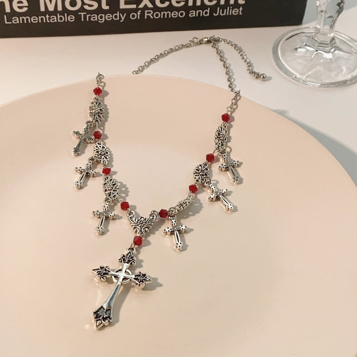 Christianartworkshop Halskette mit scharlachroten Perlen im modernen Stil, Kreuz des göttlichen Glaubens