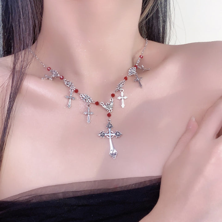 Christianartworkshop Halskette mit scharlachroten Perlen im modernen Stil, Kreuz des göttlichen Glaubens