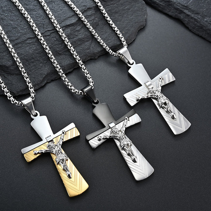 Christianartworkshop Halskette aus Edelstahl im modernen Stil mit Kruzifix und Kreuz, Jesus, Heiliger Glaube