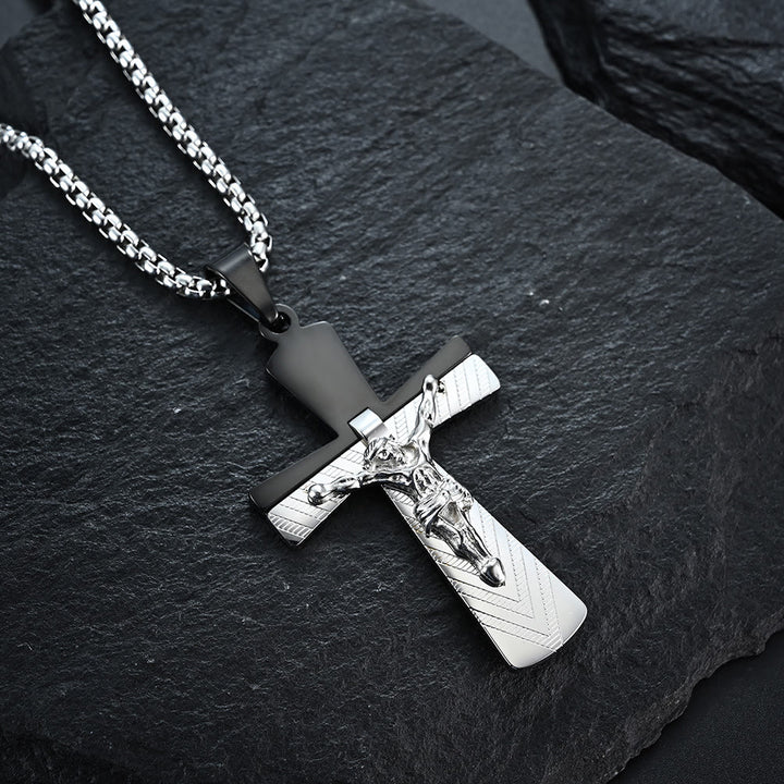 Christianartworkshop Halskette aus Edelstahl im modernen Stil mit Kruzifix und Kreuz, Jesus, Heiliger Glaube