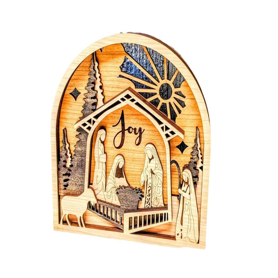 Christianartworkshop Krippenszene im klassischen Stil, handgefertigt, Holzornament „Joy Divine Faith“