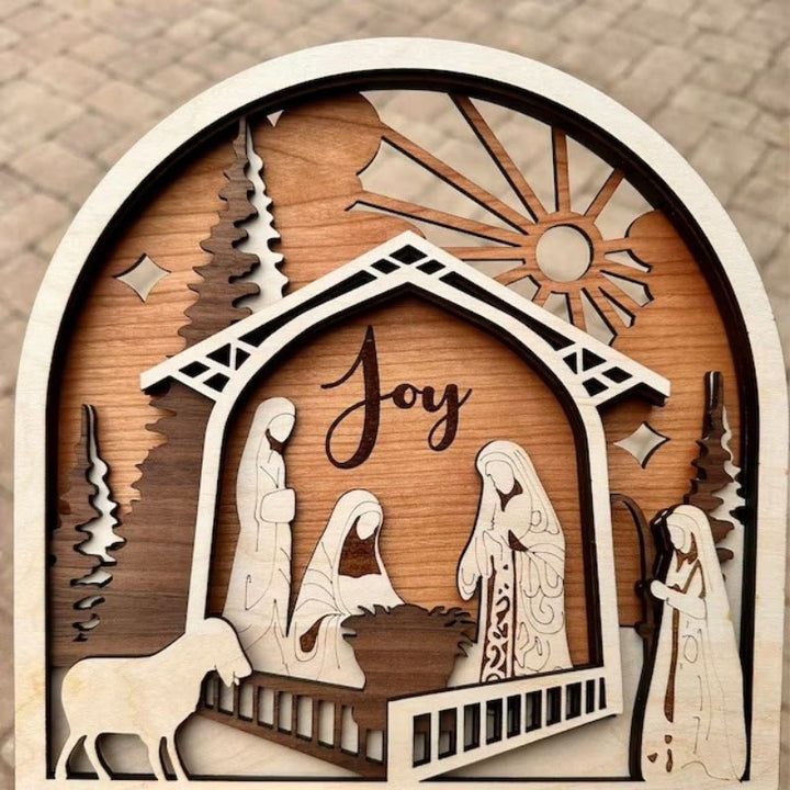 Christianartworkshop Krippenszene im klassischen Stil, handgefertigt, Holzornament „Joy Divine Faith“