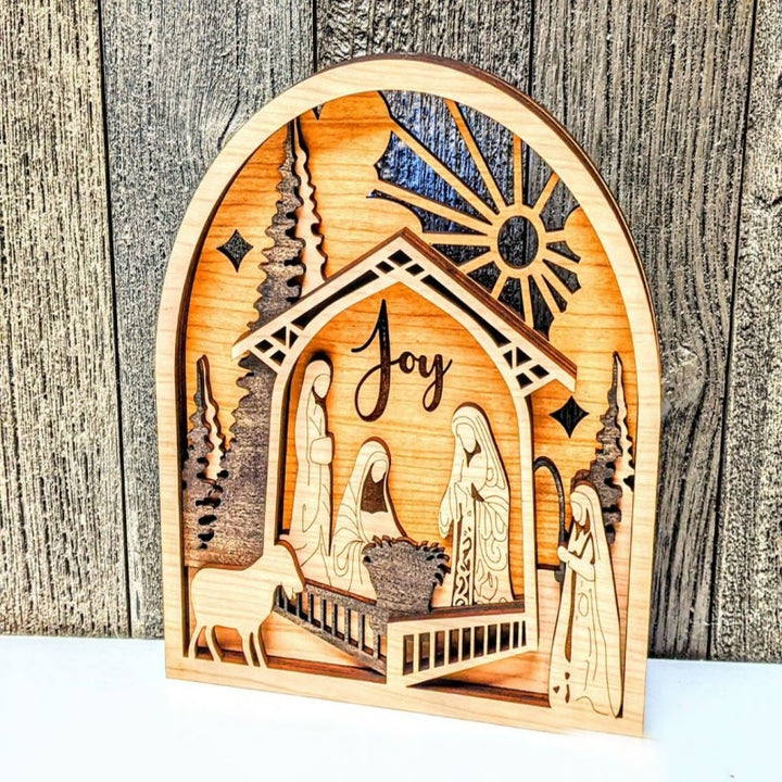 Christianartworkshop Krippenszene im klassischen Stil, handgefertigt, Holzornament „Joy Divine Faith“